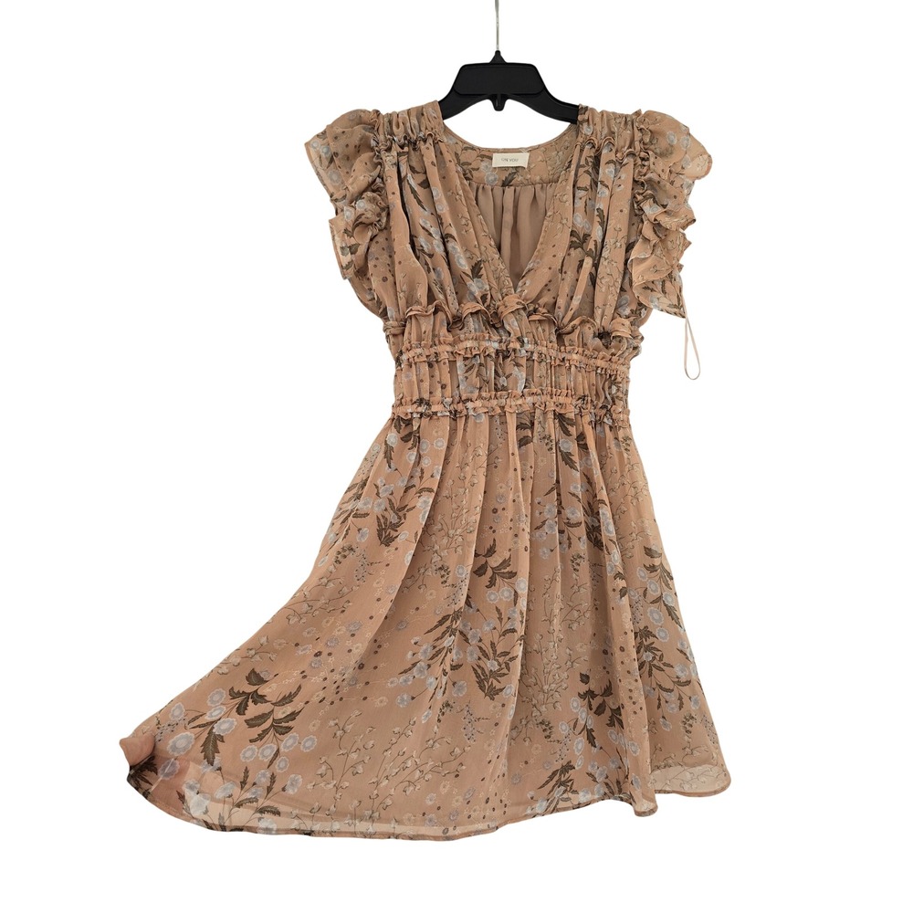Floral Ruffle Mini Dress Tan Blue Smocked S Fairy Romantic Cottagecore Garden